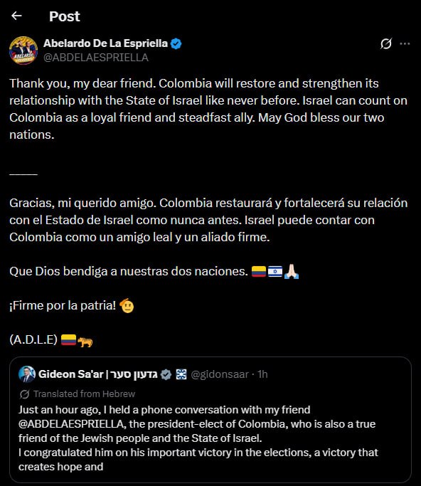 Kolumbijos išrinktasis prezidentas Abelardo de la Espriella:

Kolumbija atkurs i...