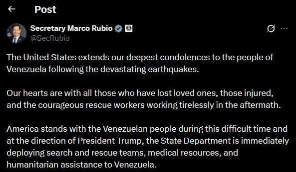 Marco Rubio:
Amerika palaiko Venesuelos žmones šiuo sunkiu metu.

Prezidento Tru...