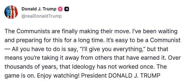 Trump:

Komunistai pagaliau pradeda veikti. Aš ilgai to laukiau ir tam ruošiausi...