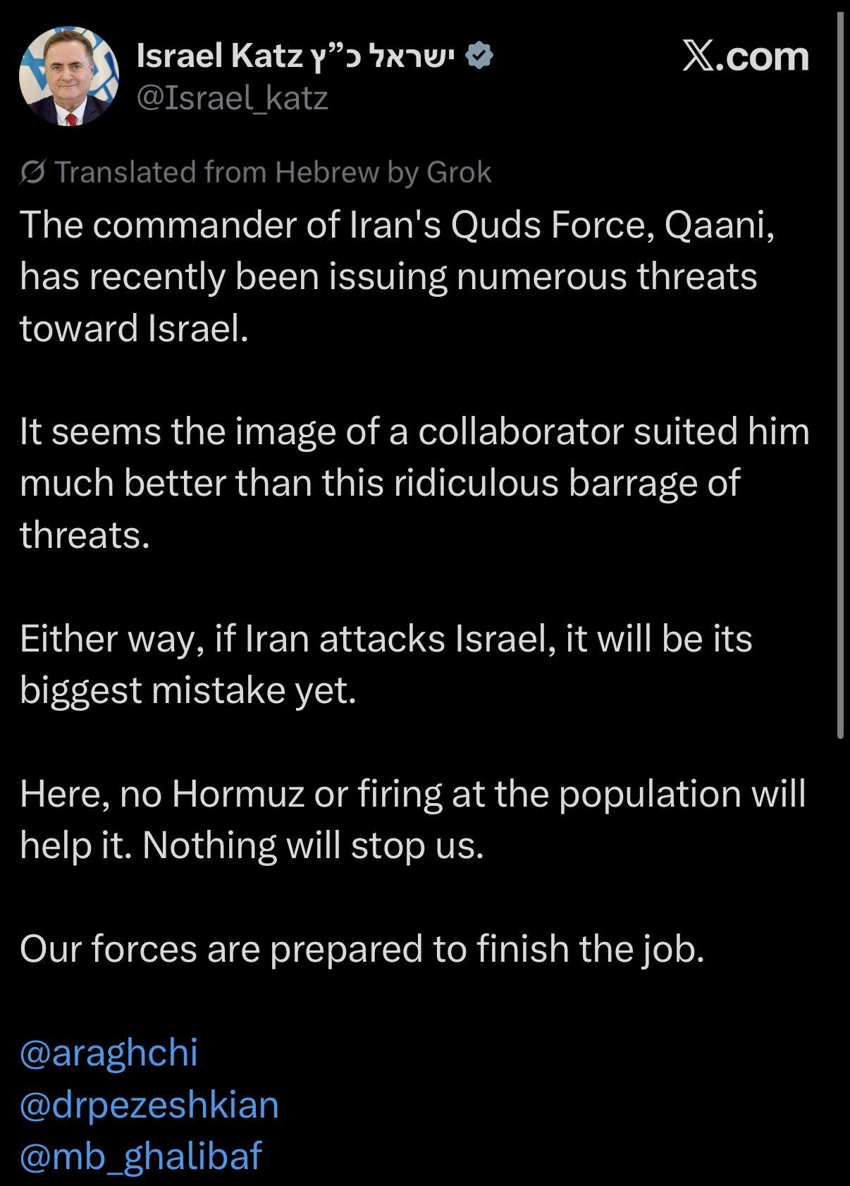 Izraelio gynybos ministras Israelis Katzas, įraše persų kalba:

Irano „Quds“ paj...