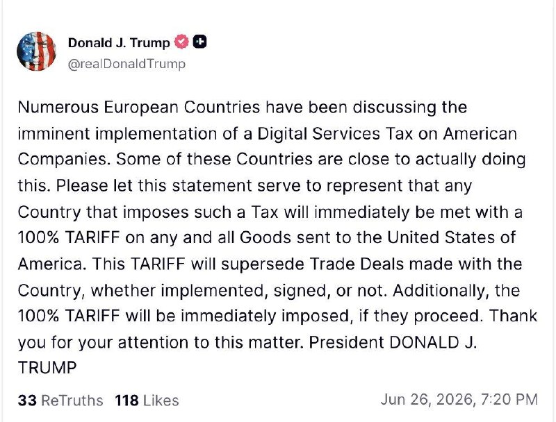 Trump:

Daugelis Europos šalių aptarinėja artėjantį skaitmeninių paslaugų mokesč...