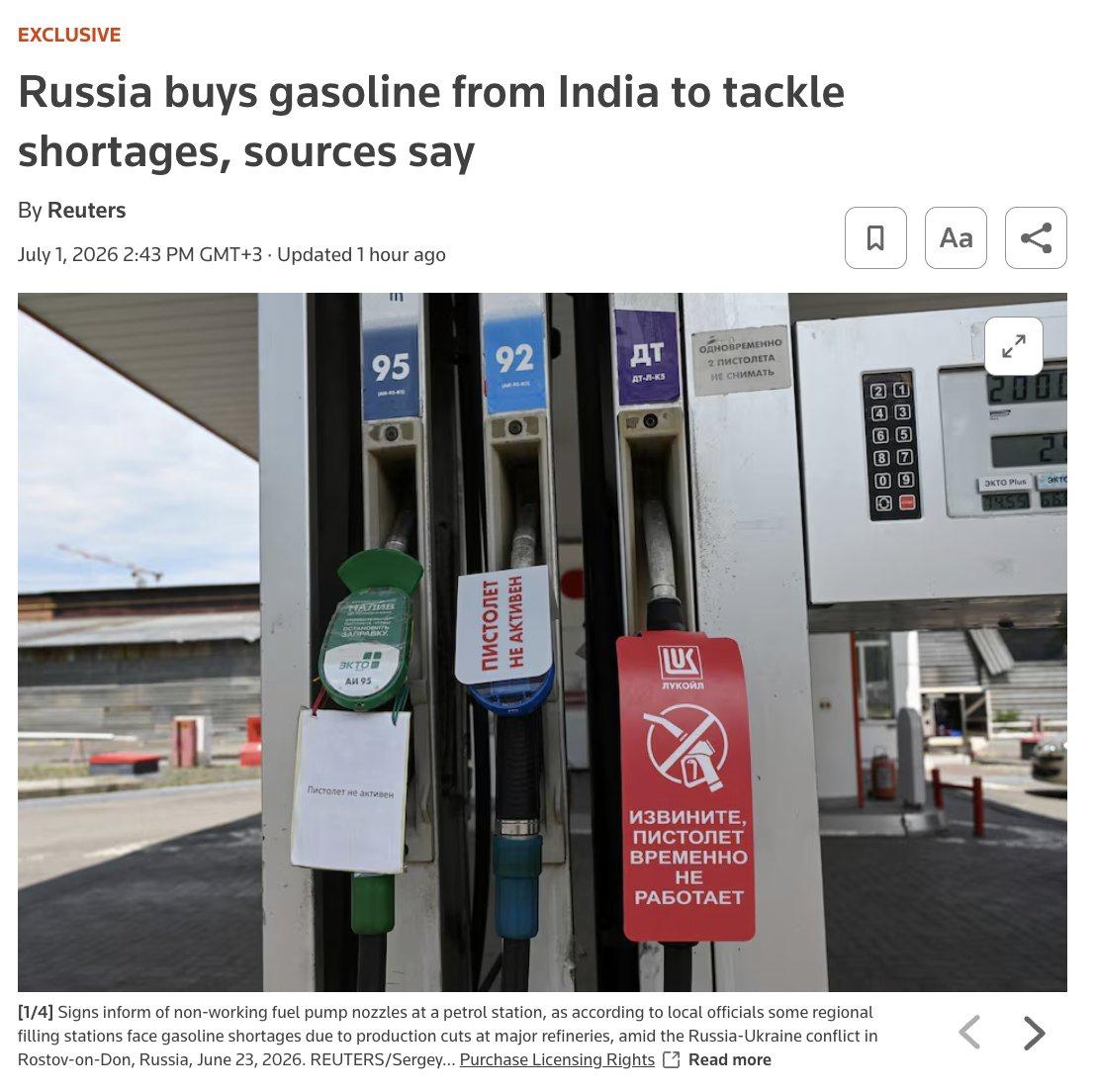 Rusija pradėjo importuoti benziną iš Indijos, siekdama palengvinti šalies degalų...