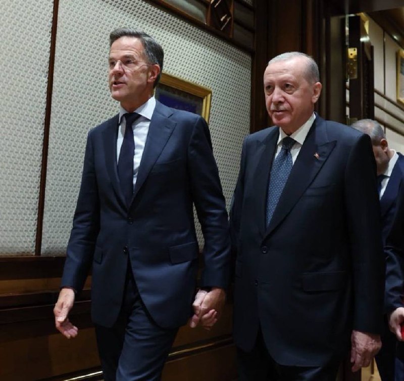 📸 Turkijos prezidentas Erdoganas ir NATO vadovas Markas Rutte eina susikibę ran...
