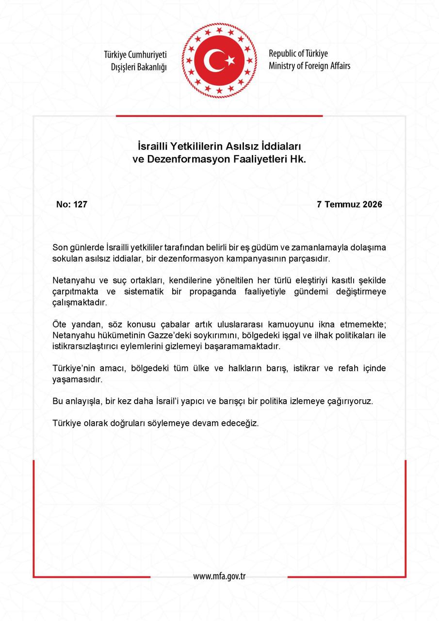 Turkijos užsienio reikalų ministerija:

Pastarosiomis dienomis Izraelio pareigūn...