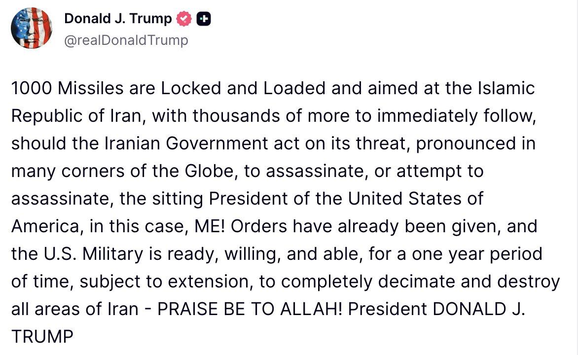 Trump:
1000 raketų yra paruoštos ir nutaikytos į Irano Islamo Respubliką, o tūk...