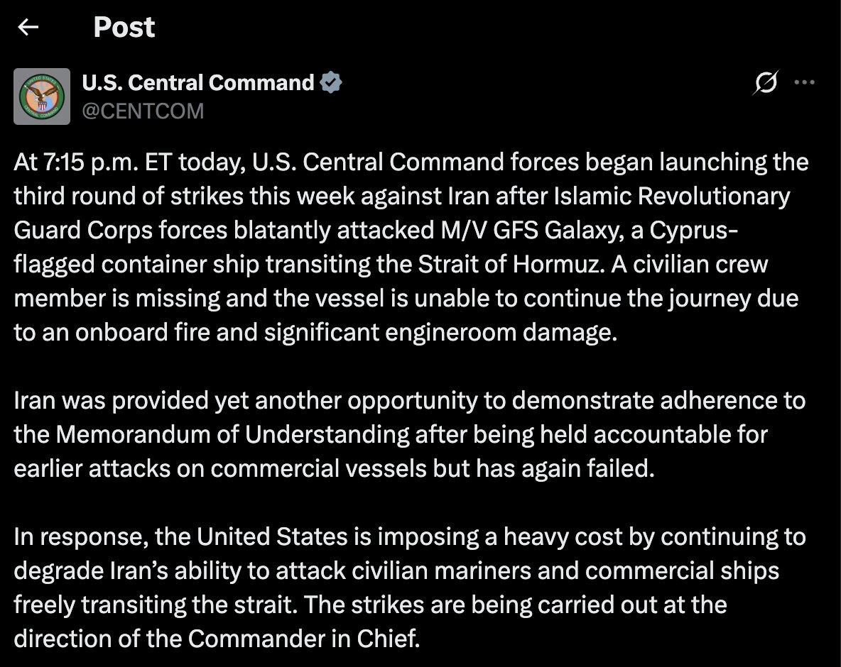 CENTCOM:
Šiandien 19:15 val. ET JAV Centrinės vadavietės pajėgos pradėjo trečią...