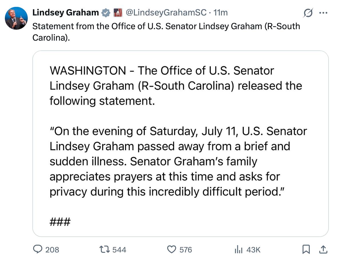 ⚡️⚡️⚡️ Netikėtai mirė JAV senatorius Lindsey Grahamas – didelis Ukrainos draugas...