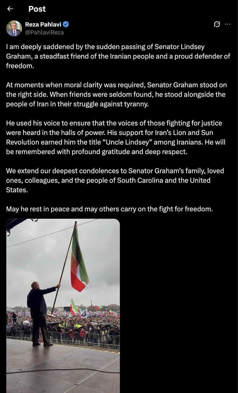 Reza Pahlavi:
Esu giliai nuliūdintas dėl staigios senatoriaus Lindsey Grahamo,...