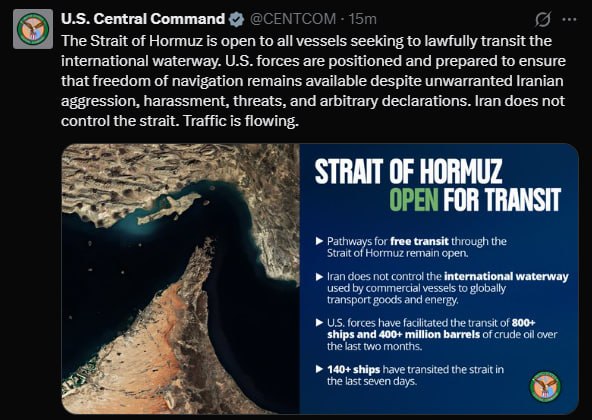 CENTCOM:
Hormuzo sąsiauris yra atviras visiems laivams, norintiems teisėtai kir...