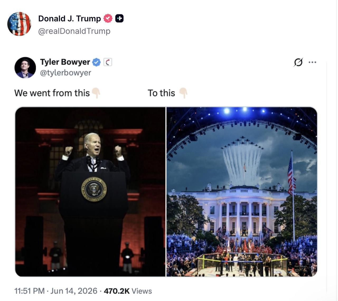 Trumpas lygina savo Baltuosius rūmus su Bideno Baltaisiais rūmais.