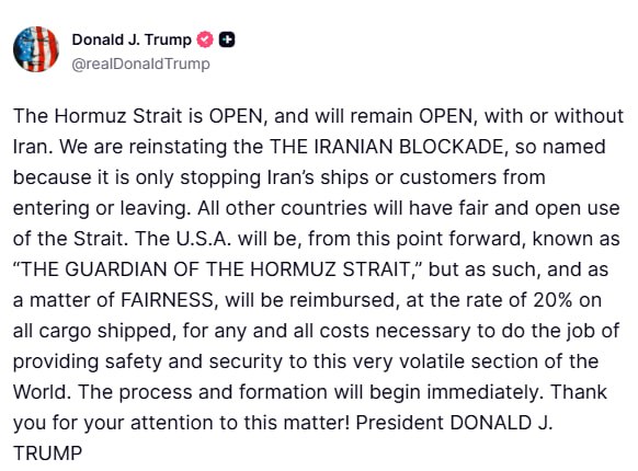 SKUBIOS ŽINIOS: Trumpas:
Hormuzo sąsiauris yra ATVIRAS ir toks išliks, su Iranu...
