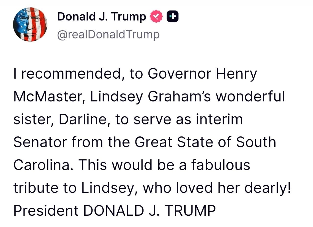 Trumpas:

Aš rekomendavau gubernatoriui Henry McMasteriui nuostabią Lindsey Grah...