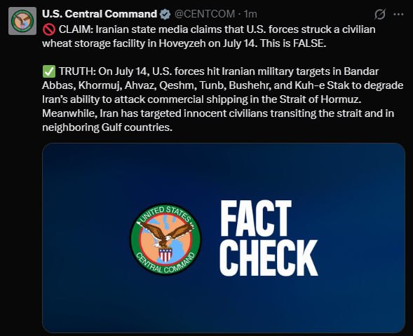 CENTCOM:

Liepos 14 d. JAV pajėgos smogė Irano kariniams taikiniams Bandarabaso,...