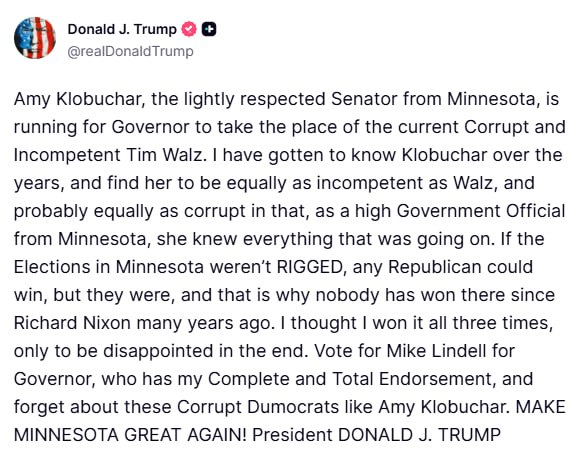 Trumpas: Amy Klobuchar, menkai gerbiama Minesotos senatorė, kandidatuoja į guber...