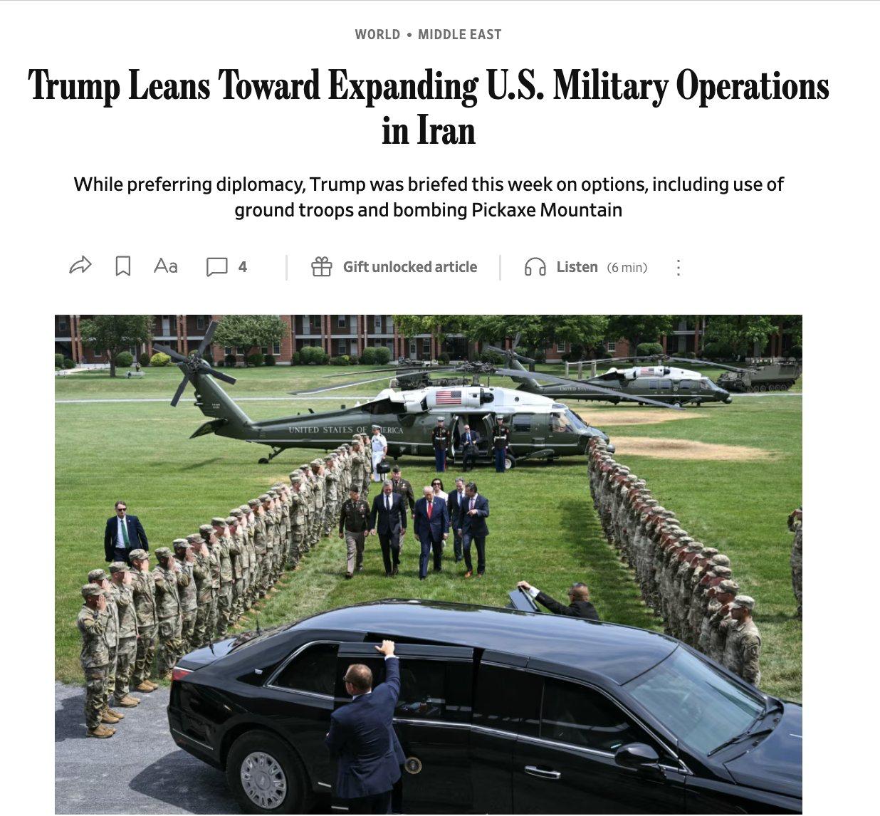 Didelis: Trumpas linksta prie JAV karinių operacijų Irane plėtimo – įskaitant sa...