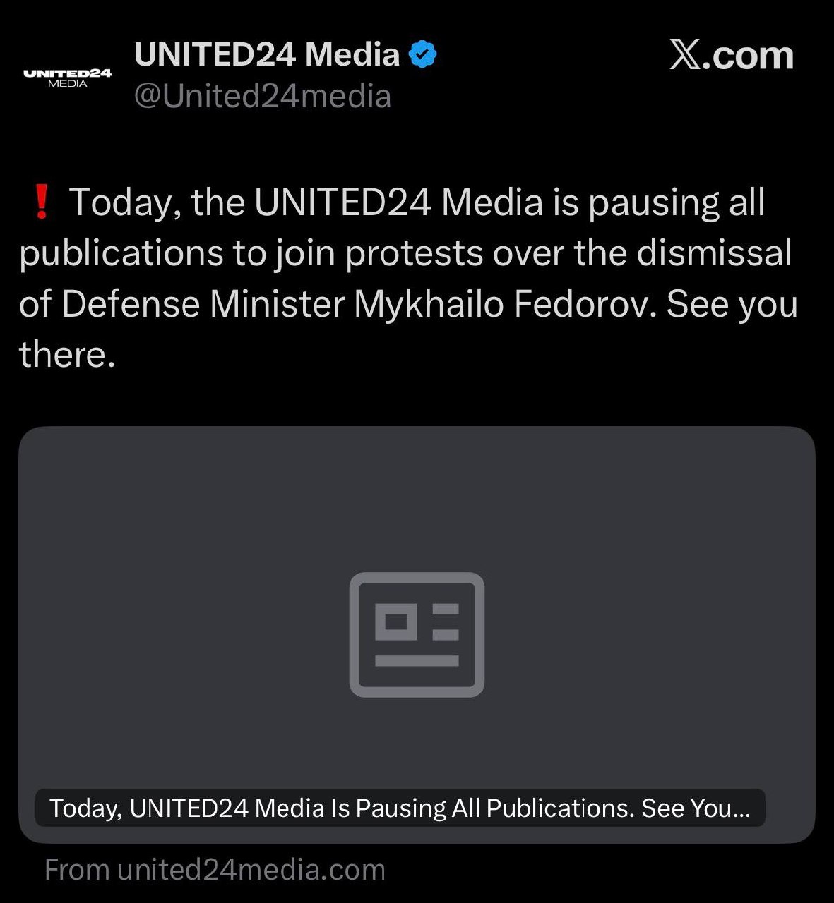 Ukrainos provyriausybinė žiniasklaidos priemonė UNITED24 Media šiandien sustabdo...