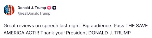 Trump:

Puikūs atsiliepimai apie praėjusios nakties kalbą. Didelė auditorija.

P...