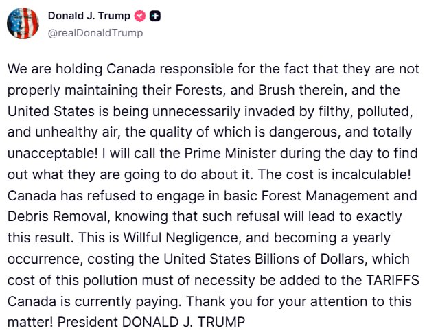 Trump:

Mes laikome Kanadą atsakinga už tai, kad ji tinkamai neprižiūri savo miš...