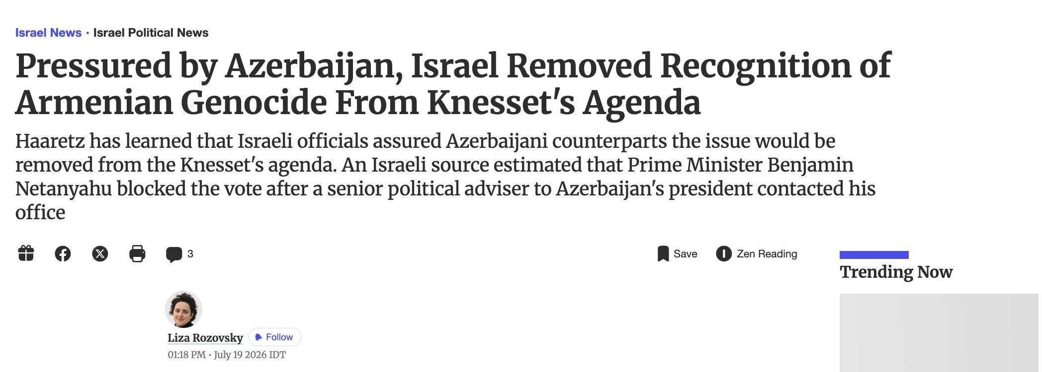 Netanyahu asmeniškai užblokavo Kneseto balsavimą dėl armėnų genocido pripažinimo...