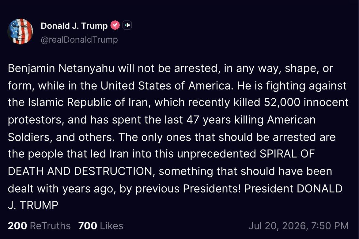 Trumpas:

Benjaminas Netanyahu nebus suimtas, kol bus Jungtinėse Valstijose.