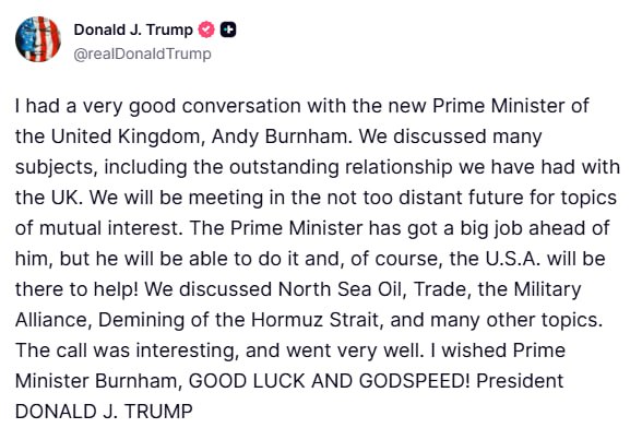 Trump:
Turėjau labai gerą pokalbį su naujuoju Jungtinės Karalystės ministru pirm...