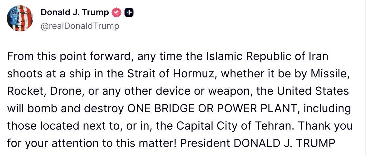 Trumpas:

Nuo šiol, kiekvieną kartą, kai Irano Islamo Respublika apšaudys laivą...