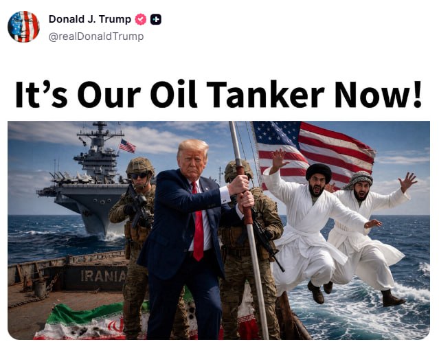 AI Trumpas perima naftos tanklaivio kontrolę „Truth Social“ platformoje.